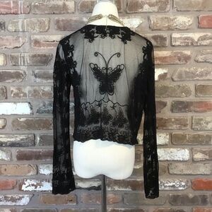Women's Elegant Black Lace Mesh Butterfly Floral Open Front Jacket L